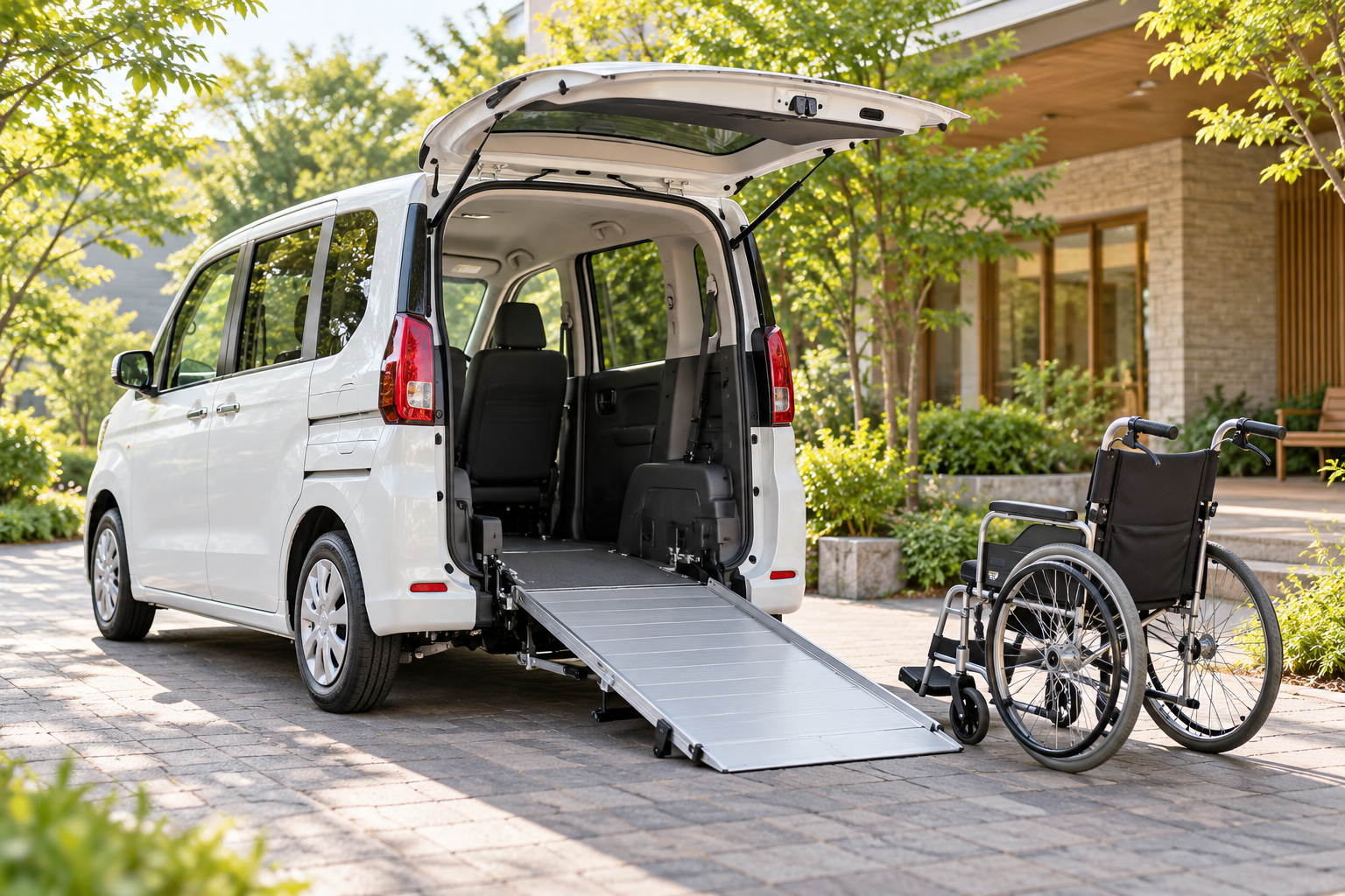 スロープを備えた福祉車両と車椅子のイメージ