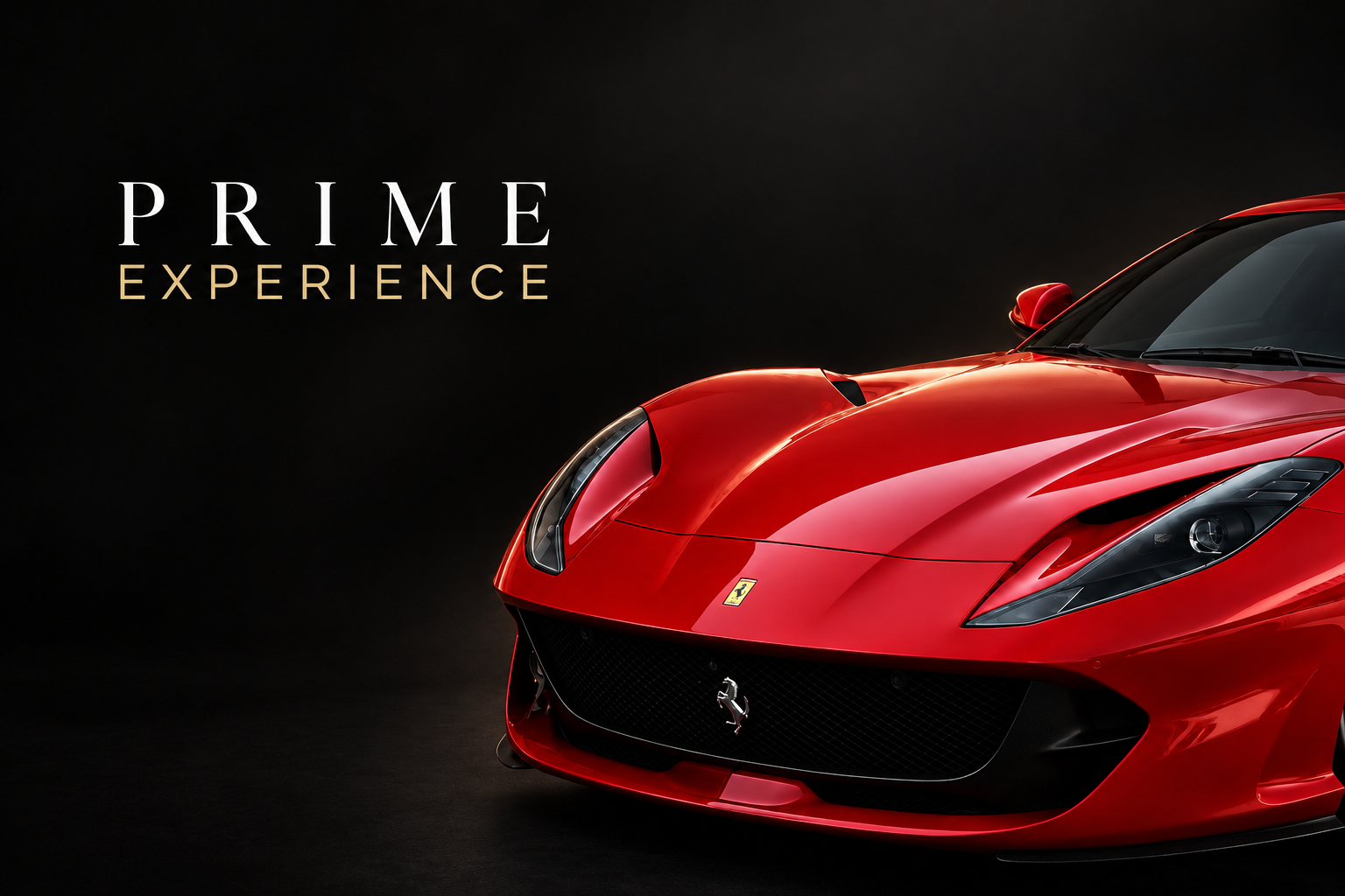 PRIME EXPERIENCEのロゴと赤いフェラーリの広告イメージ